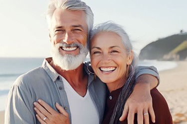 Happy older couple smiling on beach