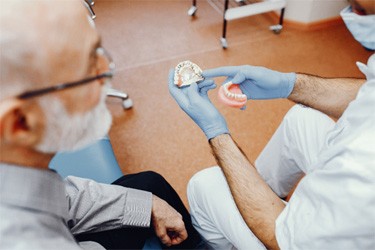 Dentist using model to explain implant denture procedure?
