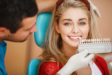 Dentist using shade guide to match patient’s white teeth