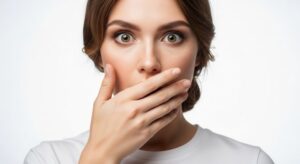 Shocked young woman covering her mouth 