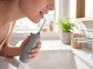 Woman cleaning between her teeth with a water flosser 