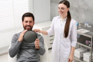 Dental patient holding mirror and smiling